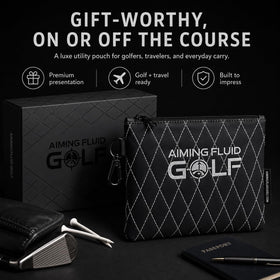 Aiming Fluid Golf clip attachment shows secure bag attachment for easy reach.