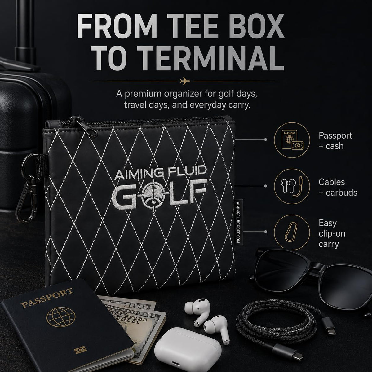Aiming Fluid Golf compact-size pouch fits tees, cards, and keys neatly.