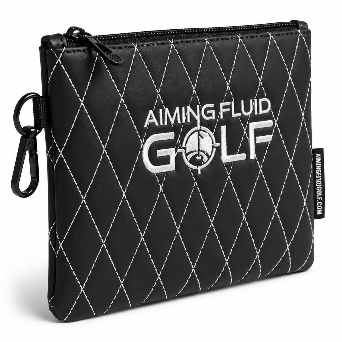 Aiming Fluid Golf premium leather pouch highlights diamond stitching for elevated on-course style.