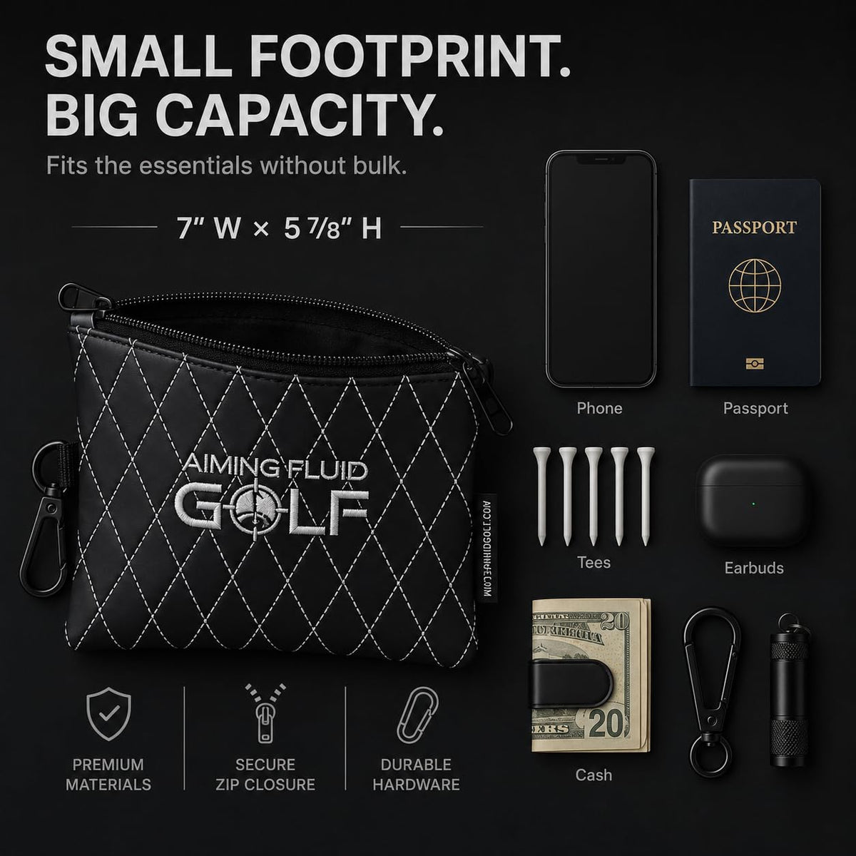 Aiming Fluid Golf interior zip pocket secures small valuables during travel.