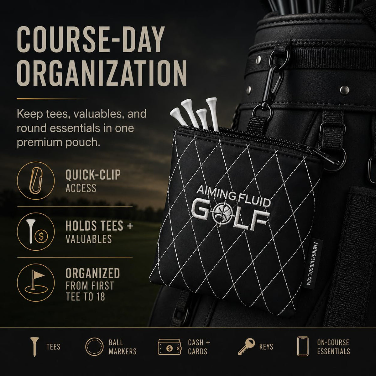 Aiming Fluid Golf pouch with soft interior protects phones and eyewear from scratches.
