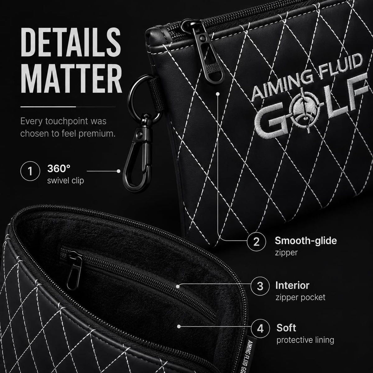 Aiming Fluid Golf travel-ready pouch keeps golf essentials organized on the go.