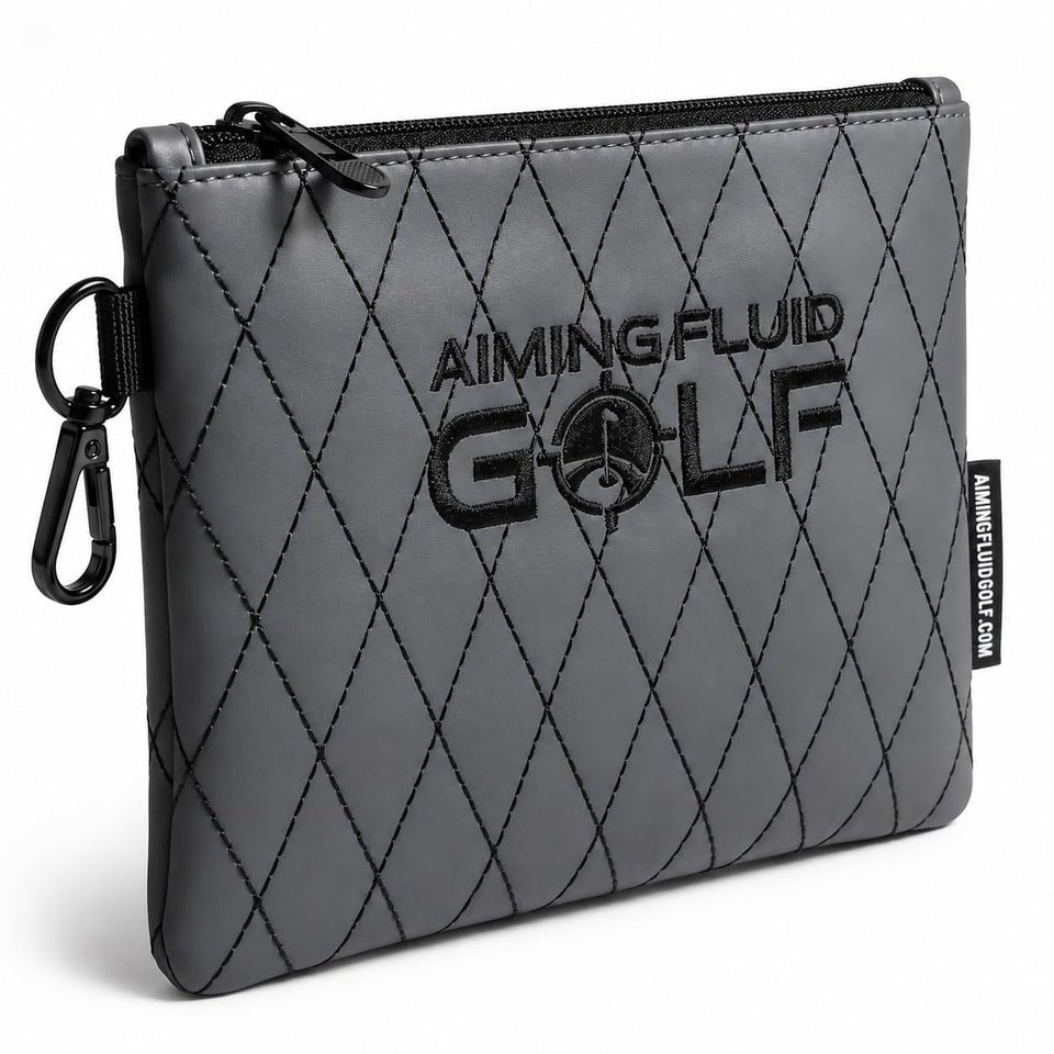 Aiming Fluid Golf premium leather valuables pouch with diamond stitching for premium on-course storage