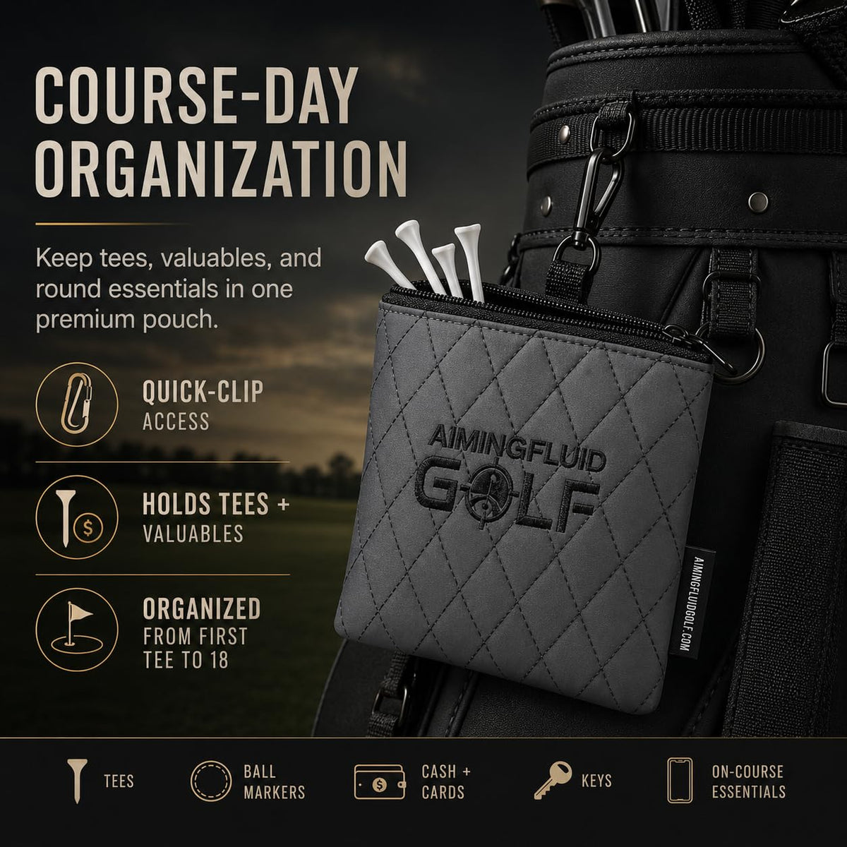 Aiming Fluid Golf soft interior protects phones and sunglasses during travel and play