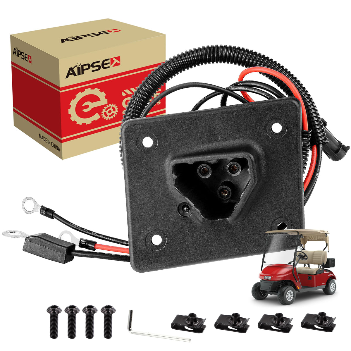 AIPSET 48V golf cart charger receptacle close-up highlighting a secure connection.