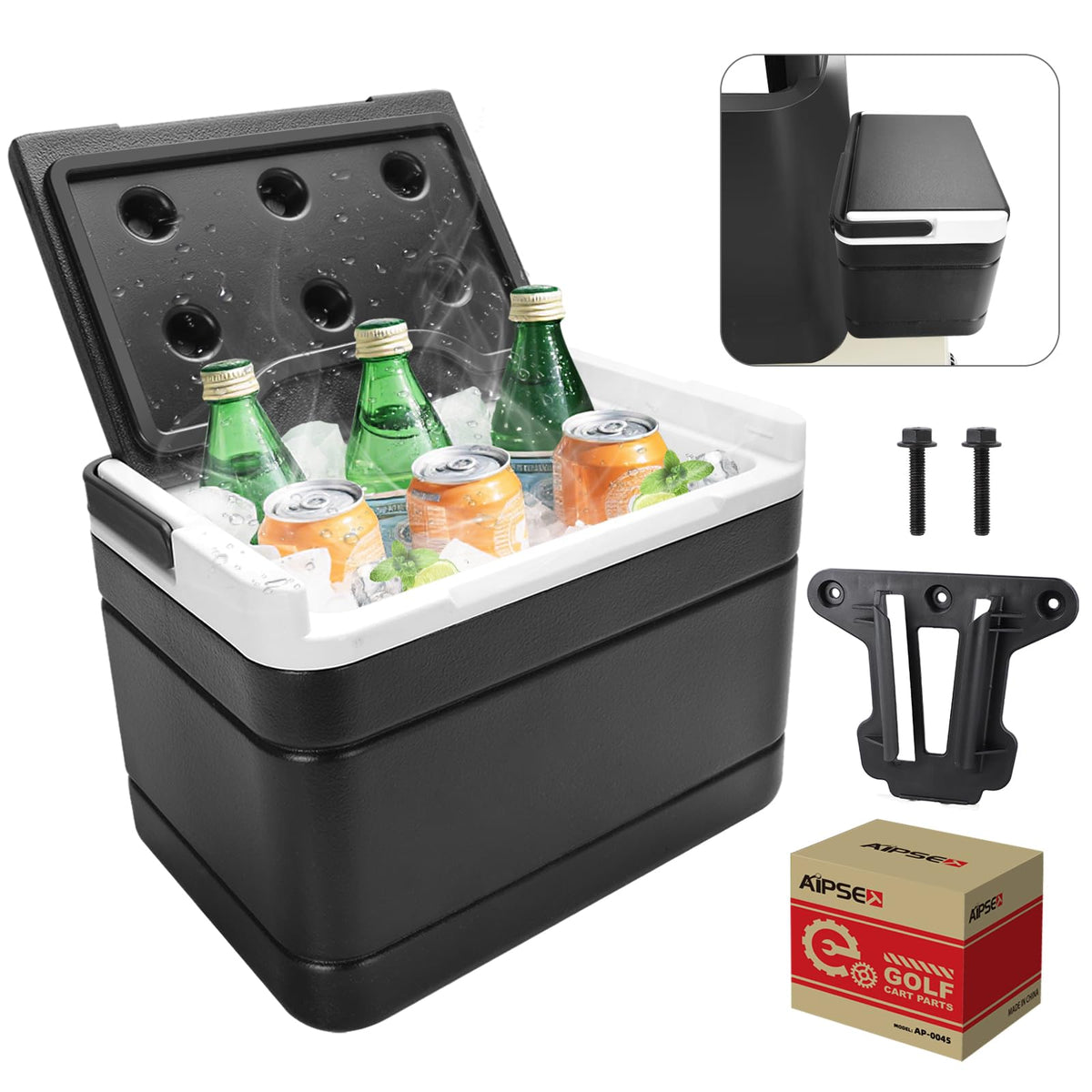 AIPSET golf cart cooler mounted on a Club Car for easy access to cold drinks.