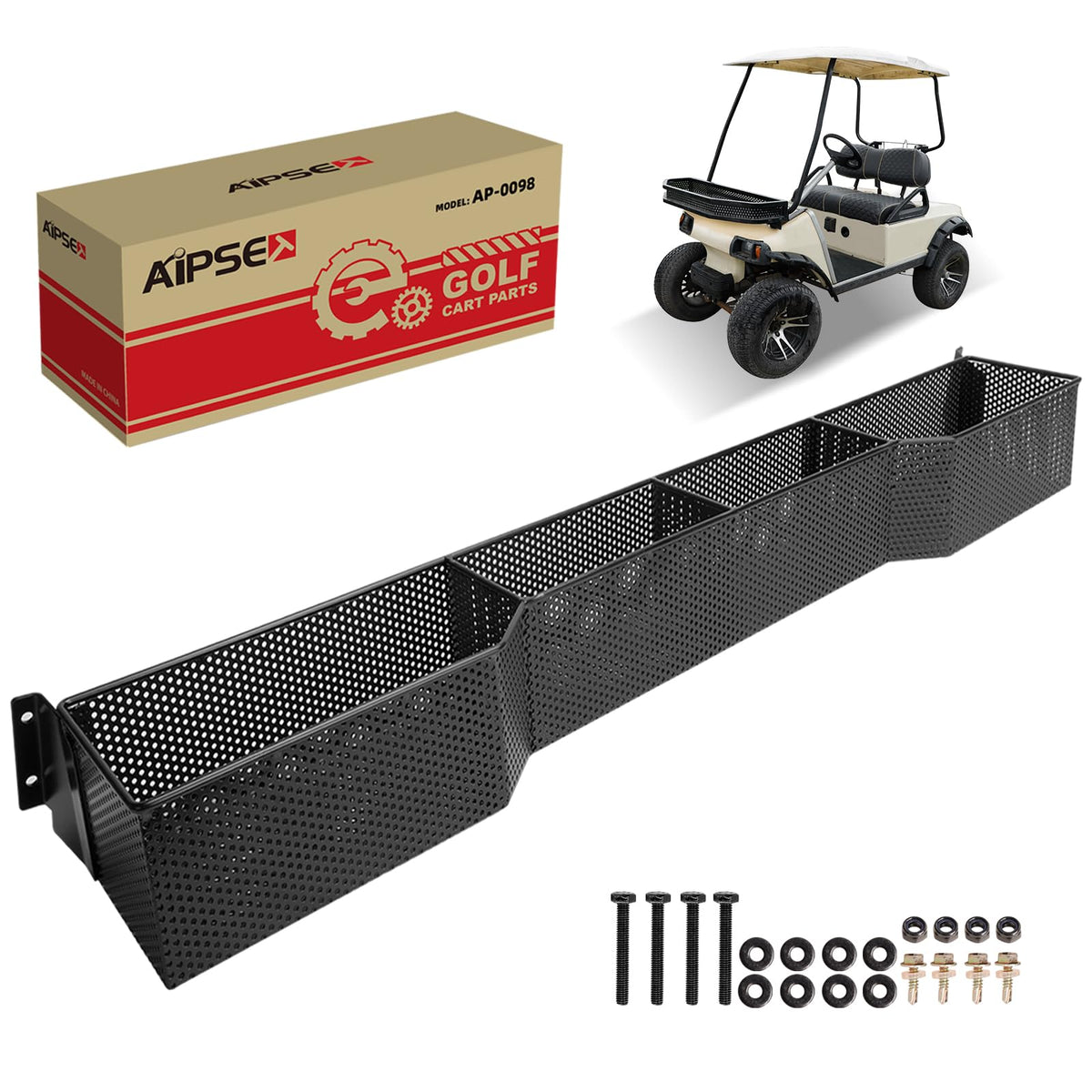 AIPSET Golf Cart DS front basket close-up showing sturdy storage for Club Car DS
