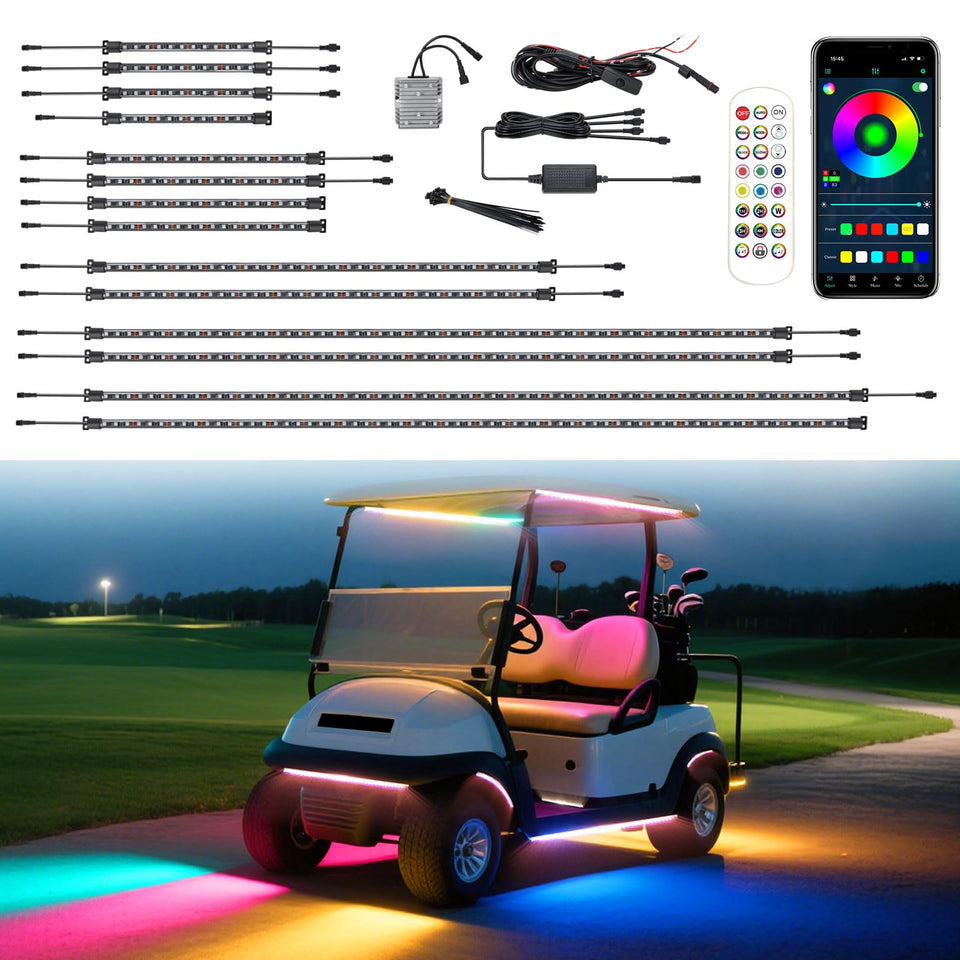 AIPSET golf cart underglow front view with vivid colors for night visibility.
