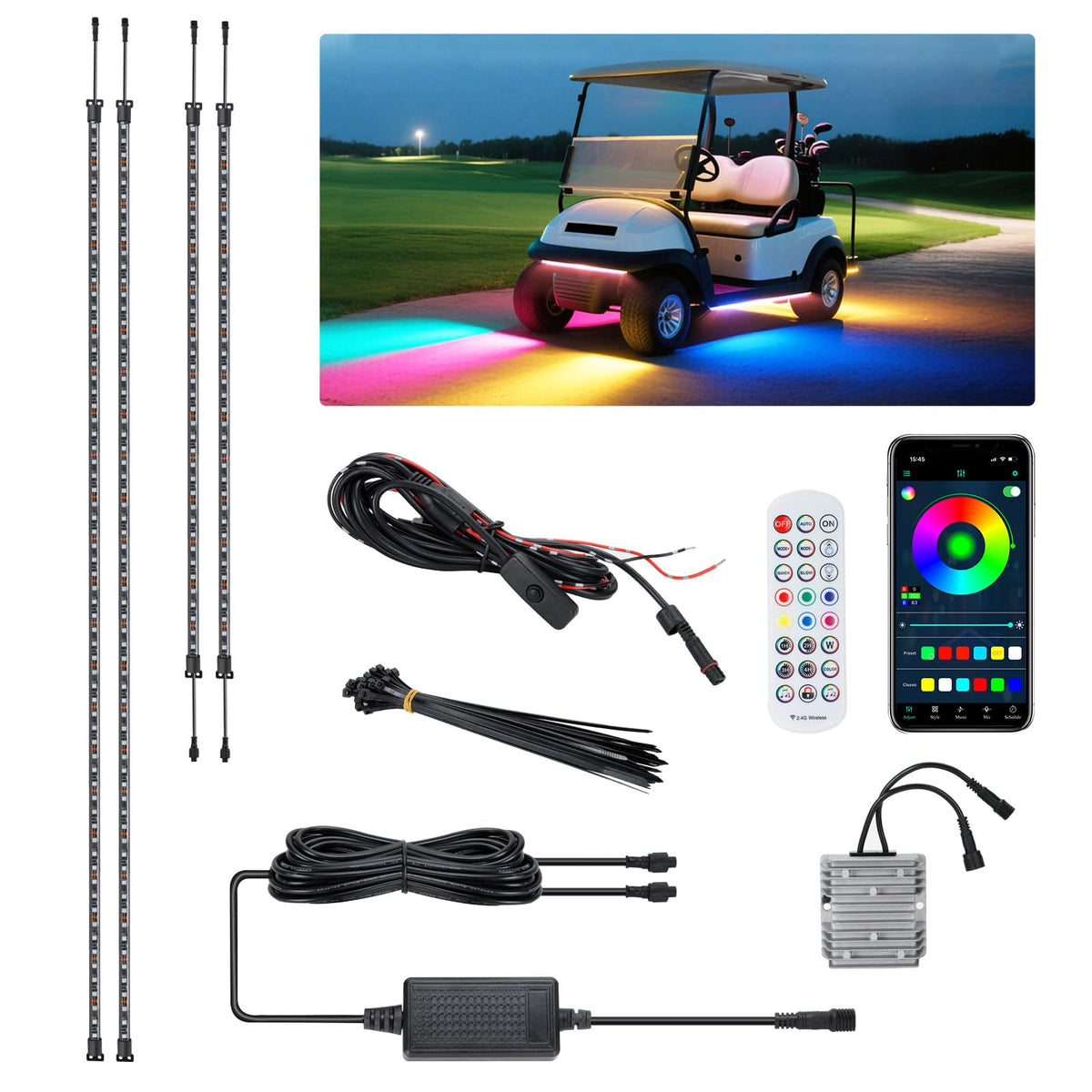 AIPSET golf cart LED light strip underglow kit enhances visibility and style on the course.