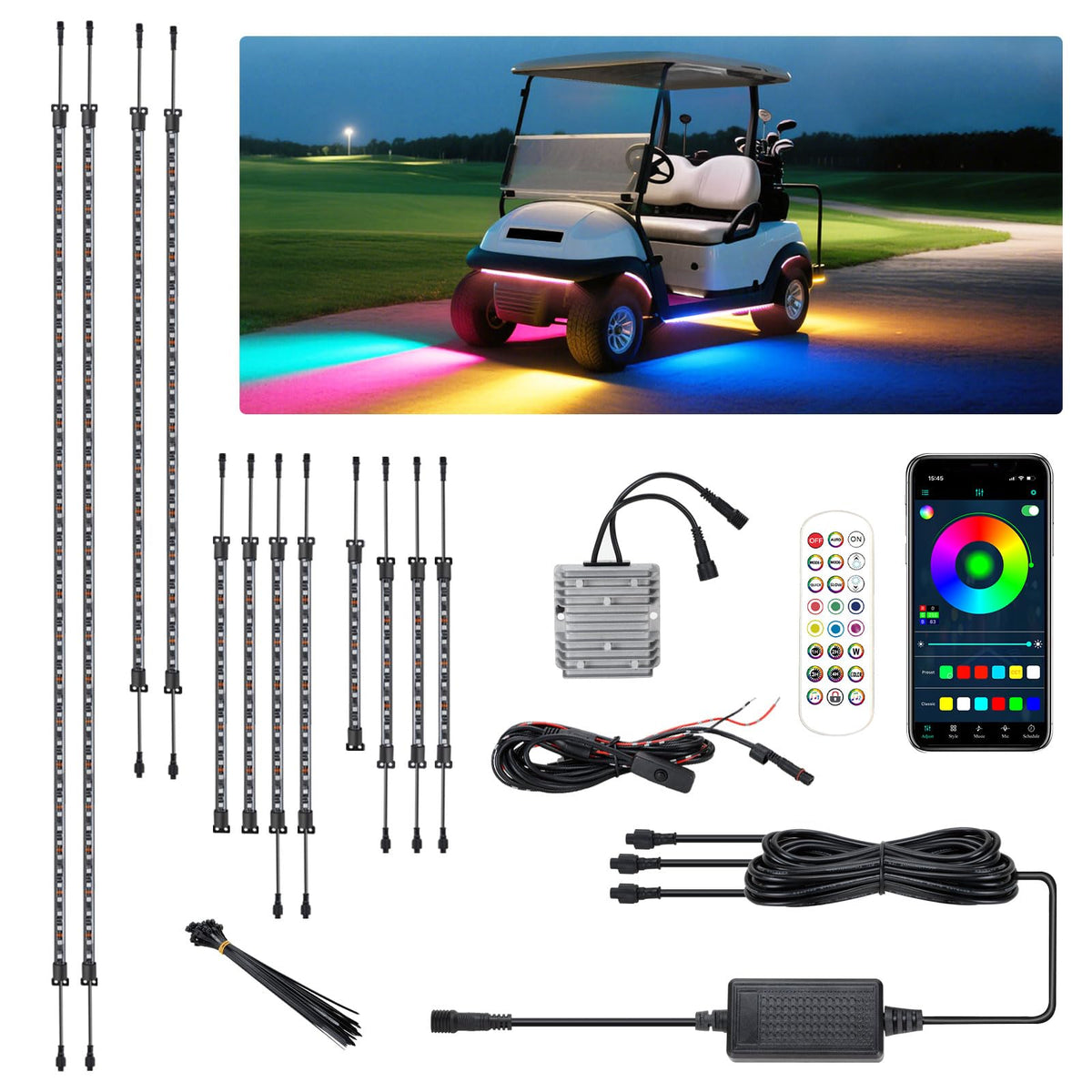 AIPSET golf cart LED strip underbody kit glowing clearly for night visibility