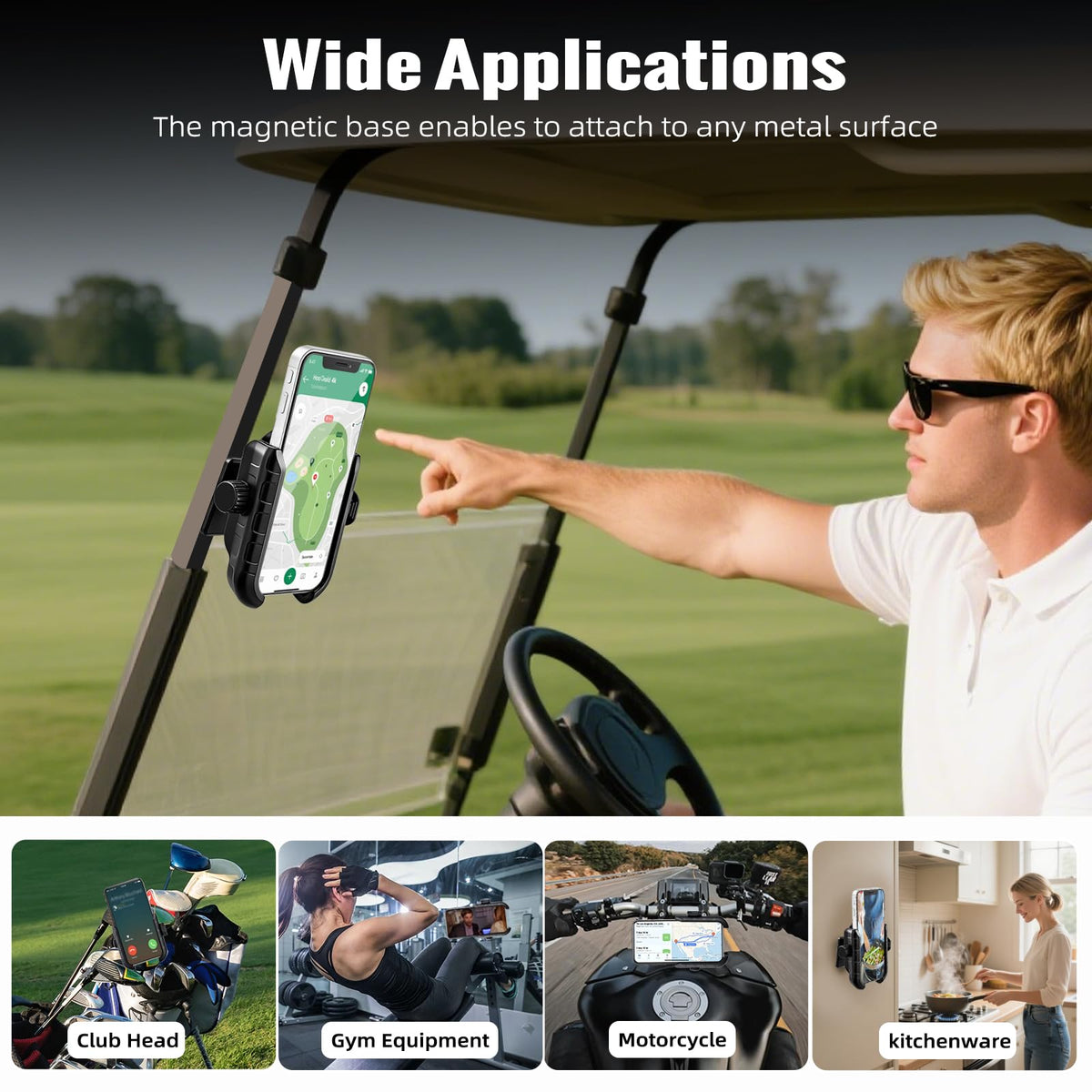 Installs in seconds on metal surfaces or golf carts.