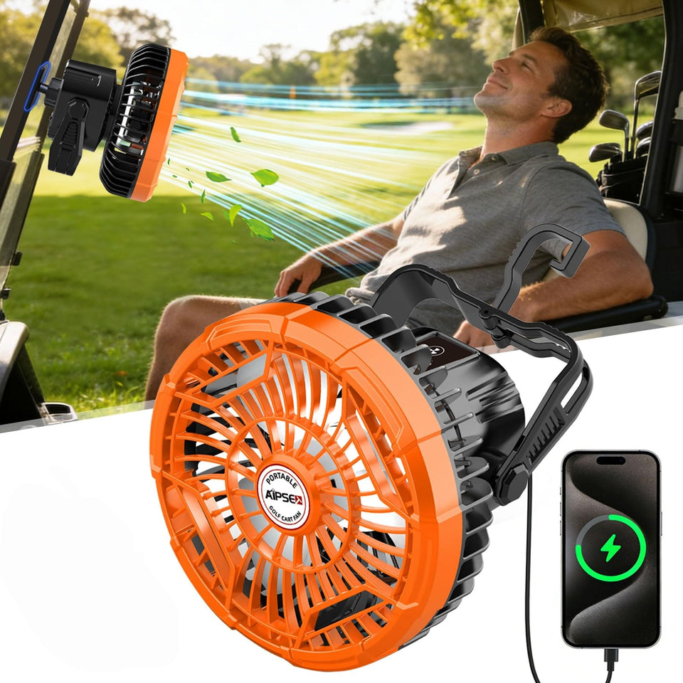 AIPSET magnetic golf cart fan mounted on iron frame providing secure cooling.