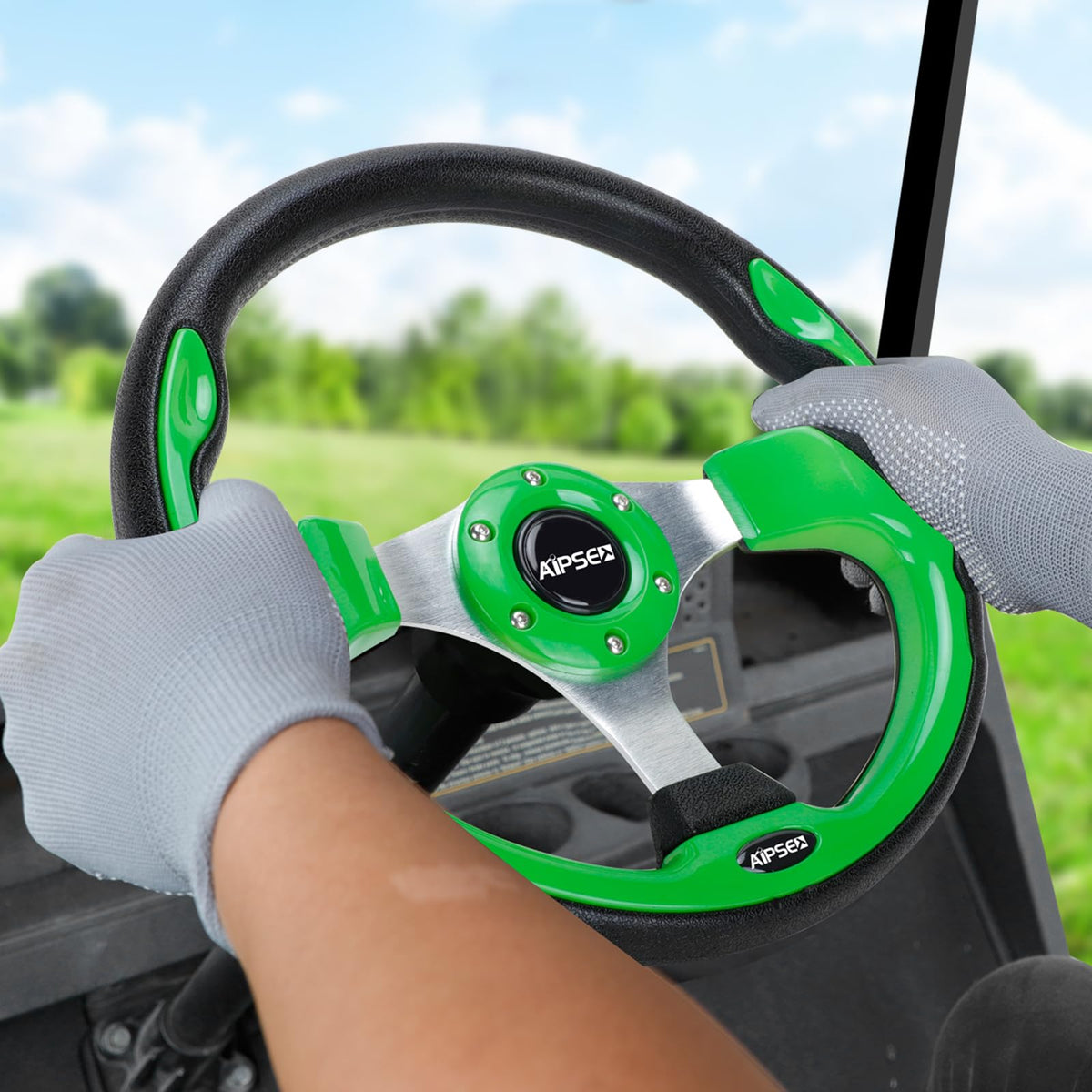 Ergonomic grassy-green design enhances comfort during long golf cart rides.