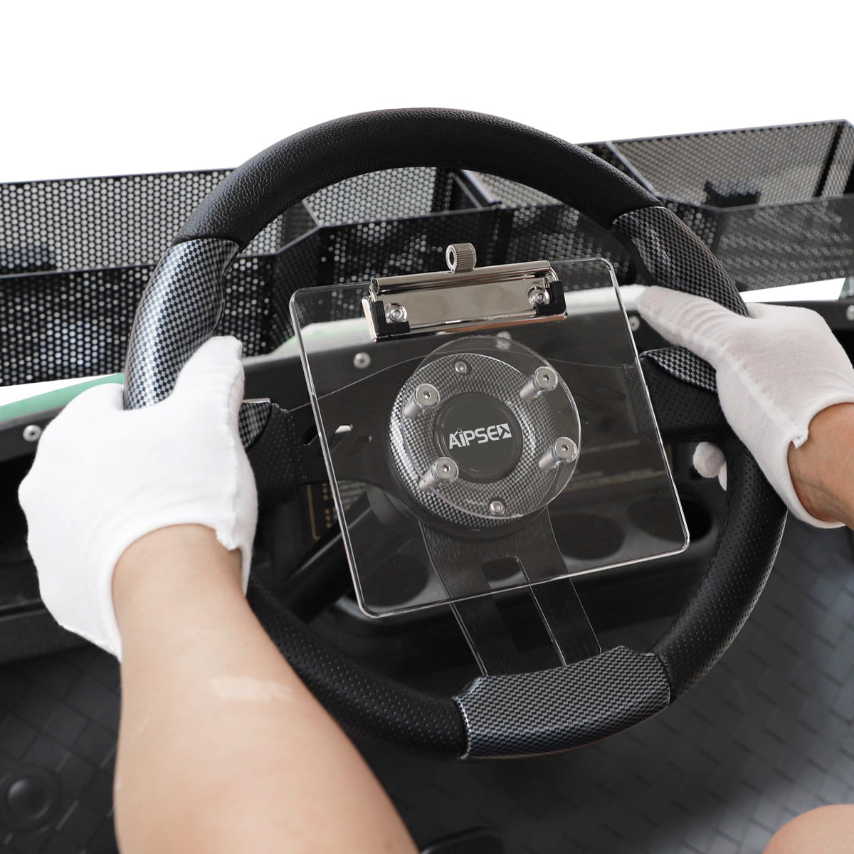 AIPSET acrylic steering-wheel holder complements cart interior with clear, durable design