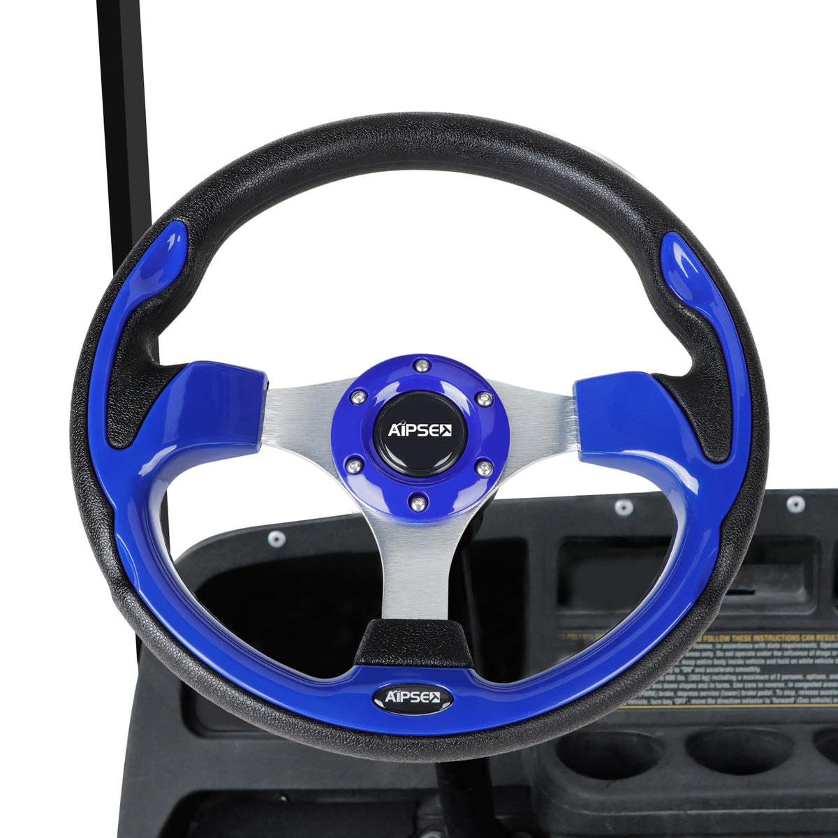 Interior view of golf cart with AIPSET steering wheel upgrade.