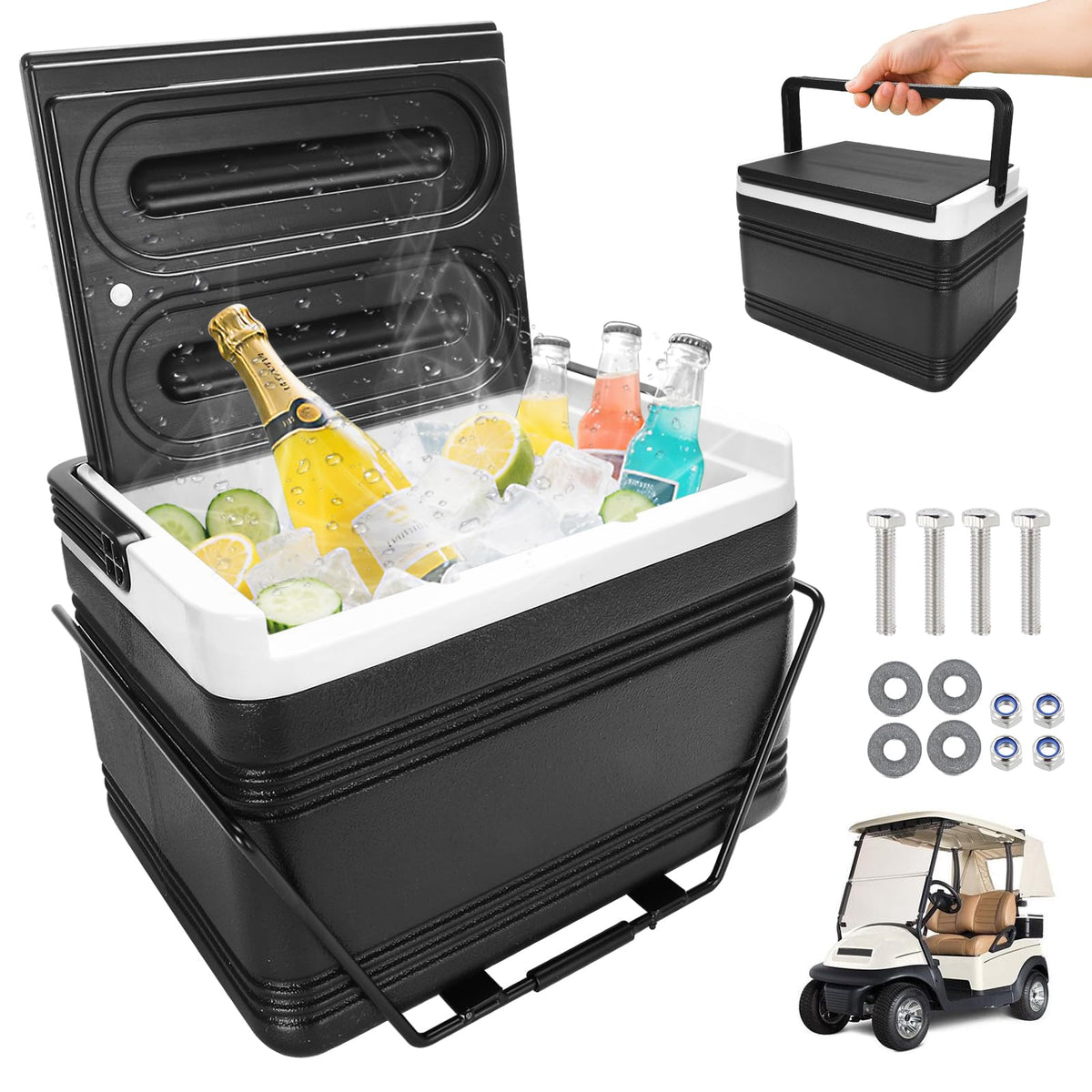 AIPSET universal golf cart ice cooler mounted on cart keeps drinks within reach and cool.