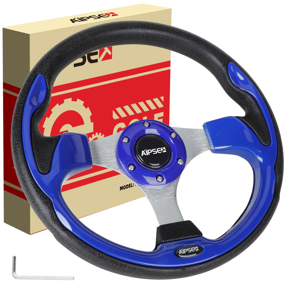 AIPSET universal steering wheel on EZGO cart with comfortable PVC leather grip.