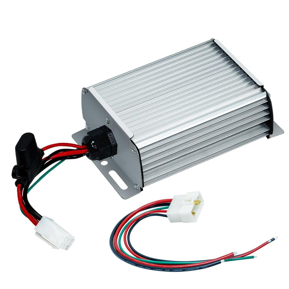 Air2yun DC-DC 12V 360W converter front view, compact aluminum housing for golf carts.