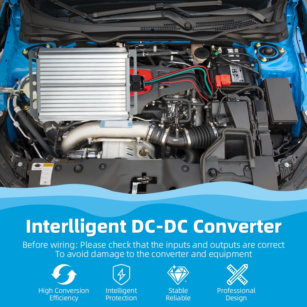Air2yun DC-DC 12V 360W converter side view, robust copper wiring for reliable power.