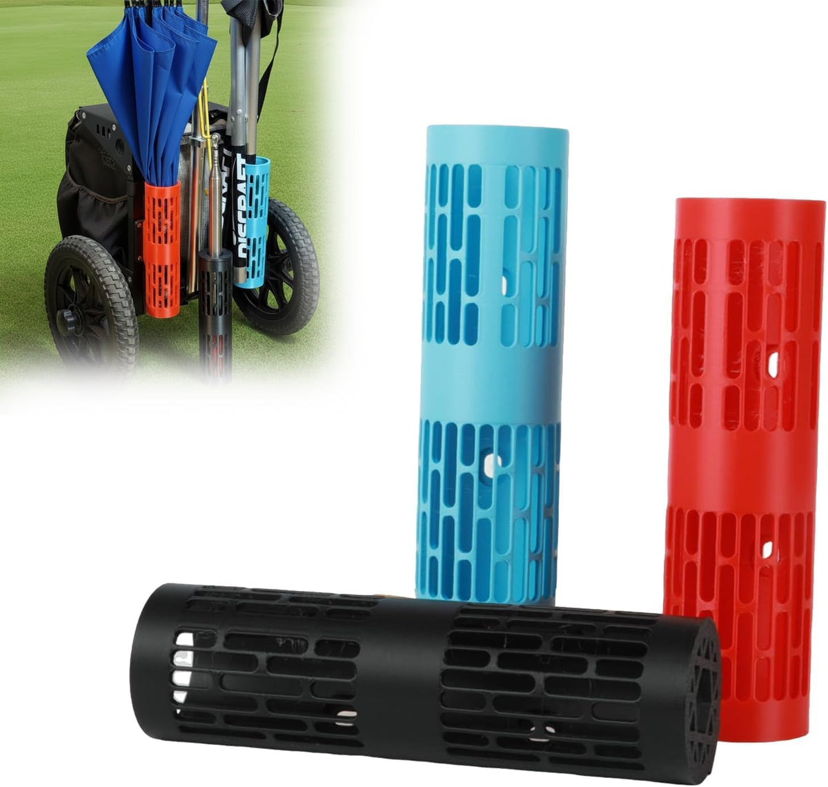 Airaevce Galactic Tube Holder mounted on a ZÜCA cart keeps retrievers and umbrellas neatly organized