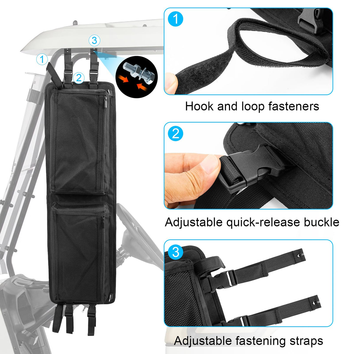 AJFHKJ Golf Cart Ceiling Storage Bag side view shows secure placement