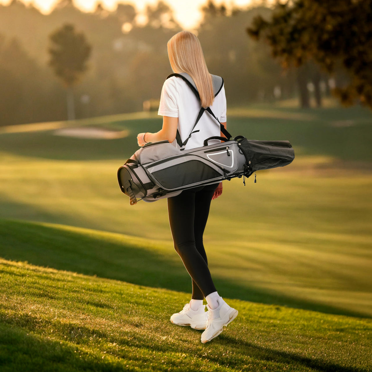 AK System Ultra-Lite Stand Bag rain hood protects clubs during sudden showers.