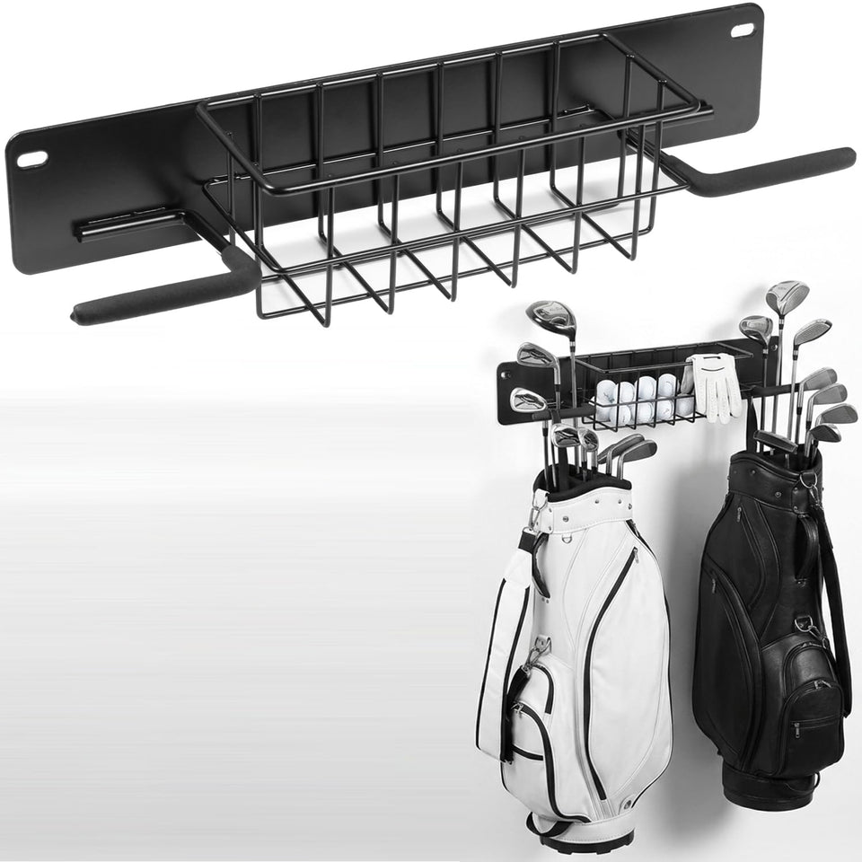 Aking Ace 2-Bag Wall Mount keeps two golf bags off the floor for easy access.