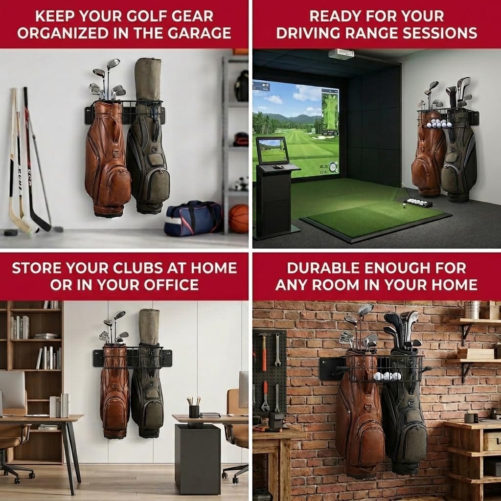 Aking Ace wall-mounted rack keeps golf gear neatly displayed in the garage.