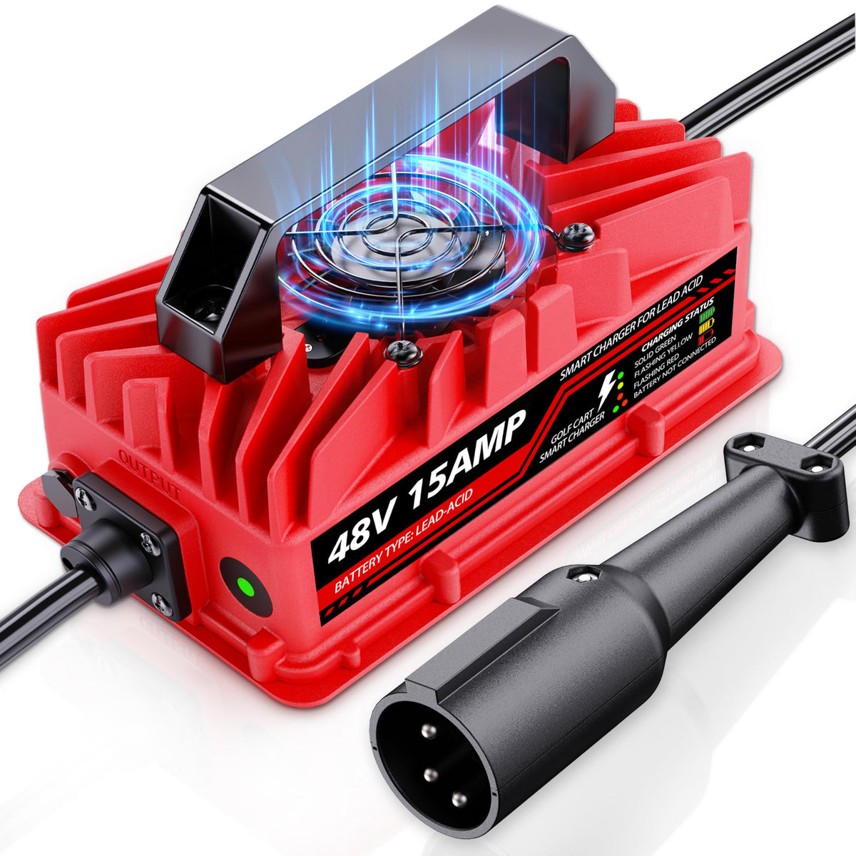 Akizbeir 15A charger with 3-pin round plug for secure Club Car connections.