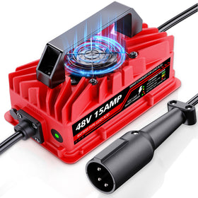 Akizbeir 15A charger with 3-pin round plug for secure Club Car connections.