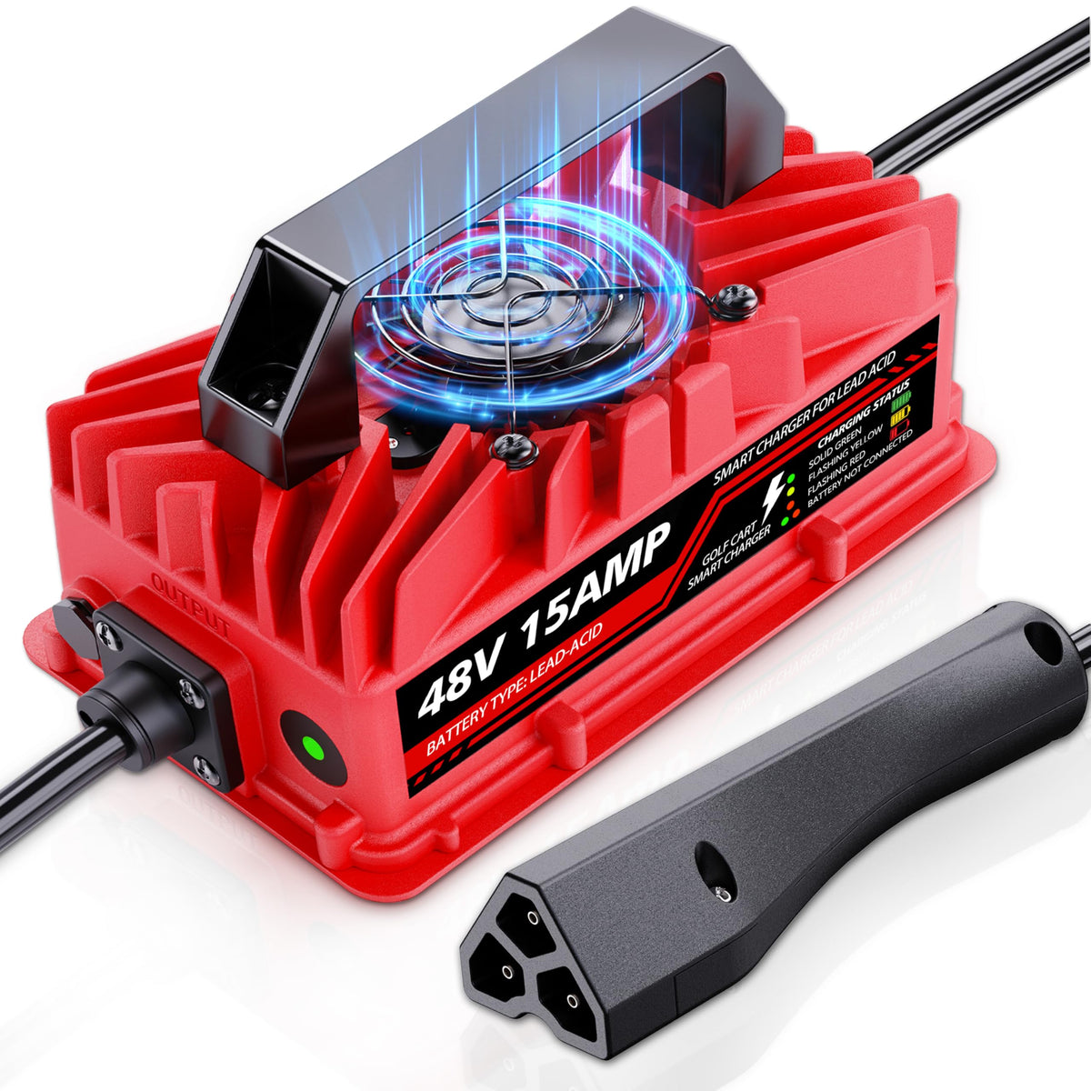 Akizbeir 15a 48v EZGO RXV/TXT charger with 3-pin plug for reliable golf cart charging.