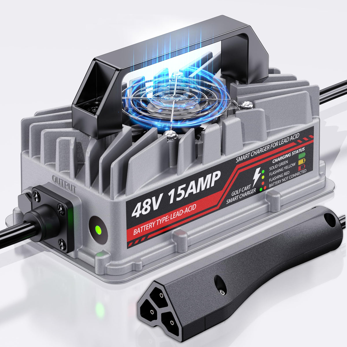Akizbeir 48V EZGO RXV/TXT charger front view showing secure plug fit