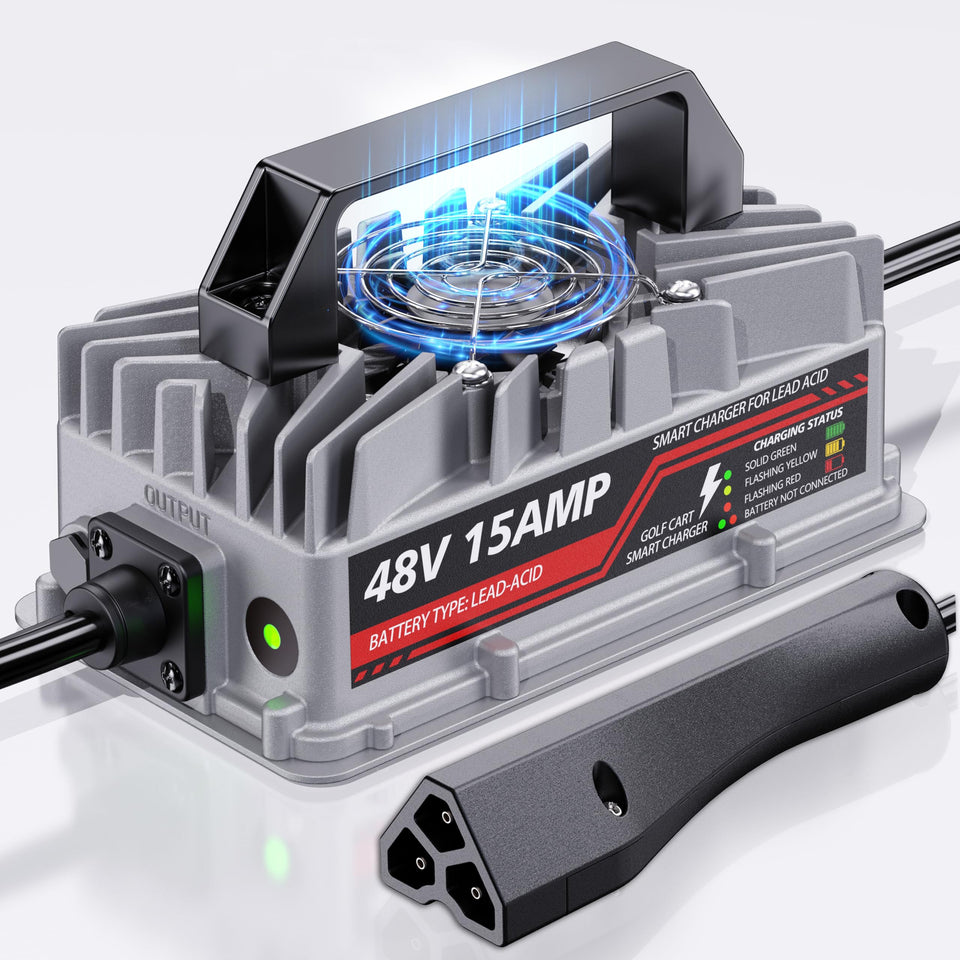 Akizbeir 48V EZGO RXV/TXT charger front view showing secure plug fit