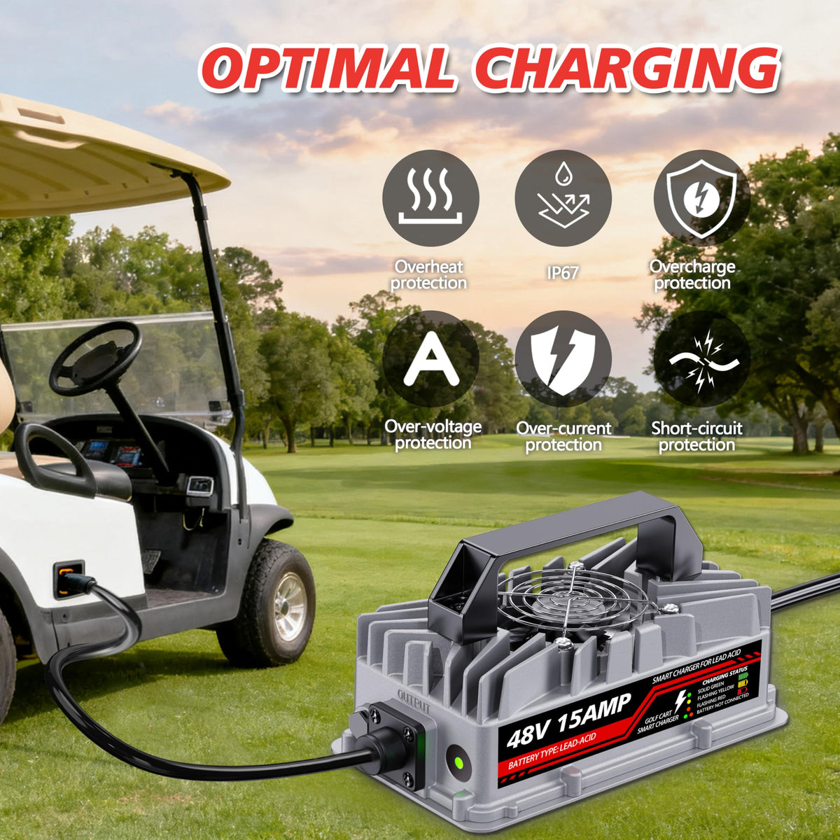 Akizbeir 48V Yamaha G29 charger side view highlights compact, portable design.