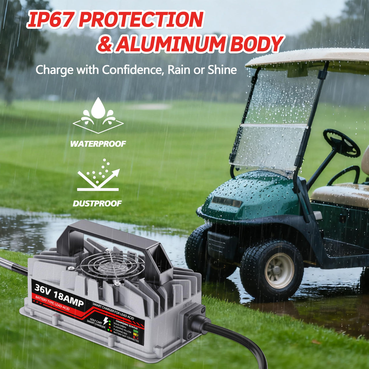IP67-rated protection keeps dust and water out during outdoor charging sessions.