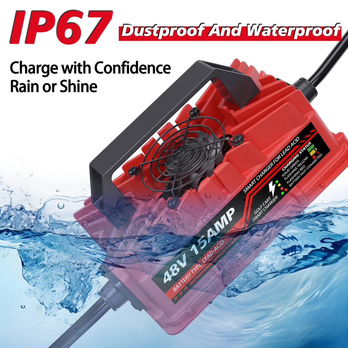 Akizbeir lightweight 5.5 lb charger with handle for easy portability around the cart.