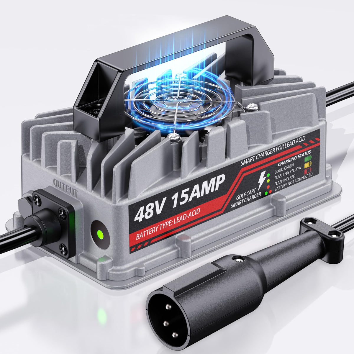 Akizbeir charger with sleek design and 3-pin plug for Club Car carts, secure connection.