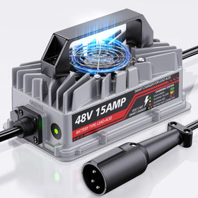 Akizbeir charger with sleek design and 3-pin plug for Club Car carts, secure connection.