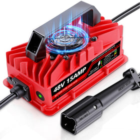Akizbeir 48V charger front view with secure 3 pin leaf plug for Yamaha G29