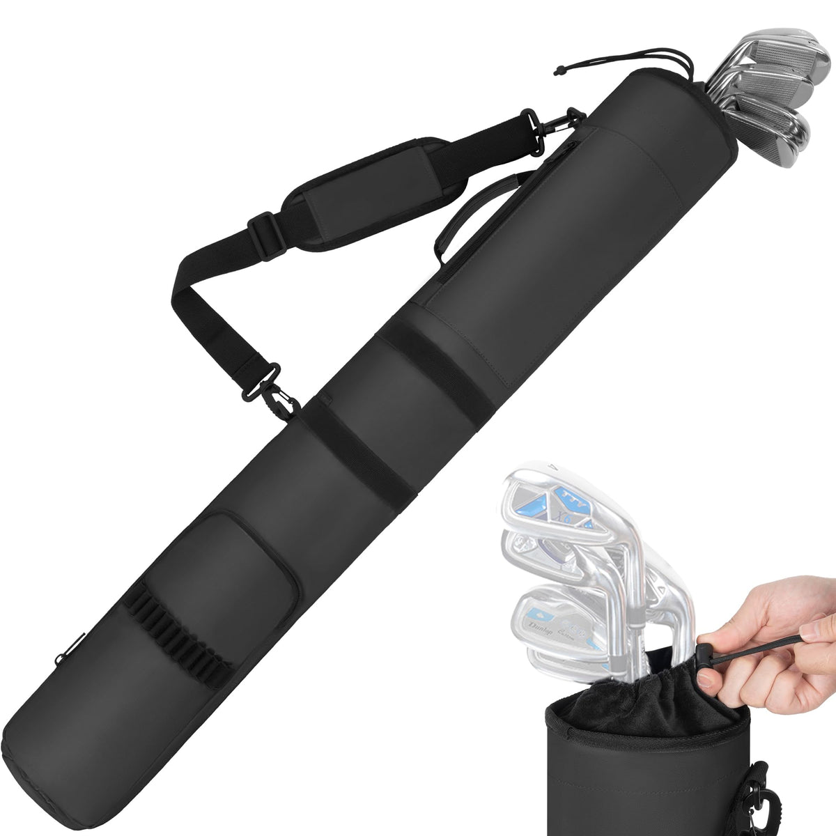 AKOZLIN golf sunday bag side view showing compact, walk-friendly design for 3-6 clubs