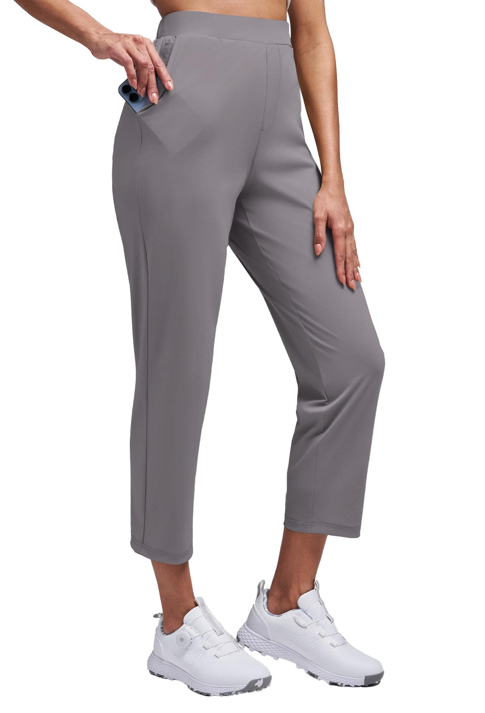 Alaroo women's golf pants fabric closeup highlights four-way stretch and opacity.