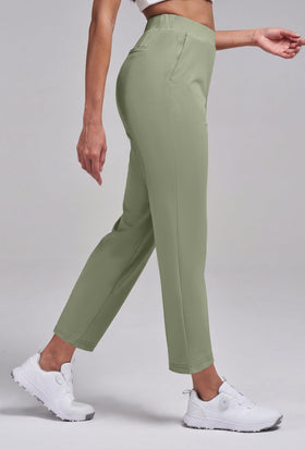 Alaroo women's golf pants showing high-rise waistband reduces digging and rolling.