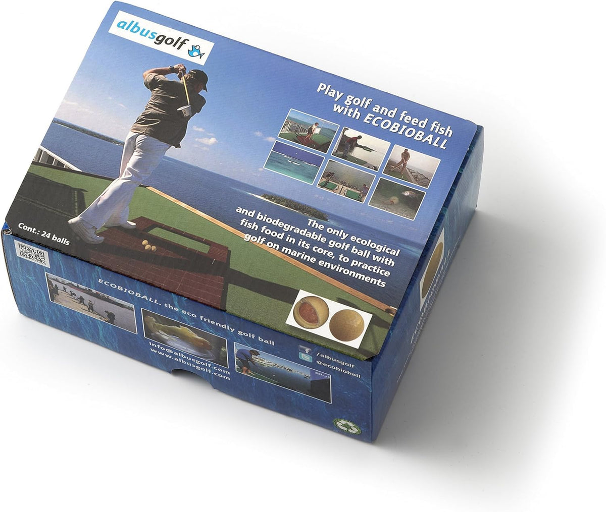 Albus Golf ECOBIOBALL with fish-food-core illustrating marine-friendly core concept.