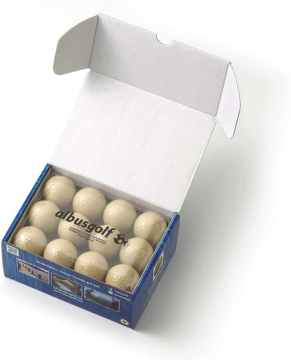 Albus Golf ECOBIOBALL pack shot highlights eco-friendly materials for responsible play.