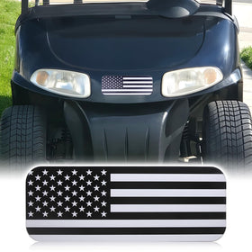 Alicatong American flag name plate front view on EZ-GO cart with matte black finish and clean lines.