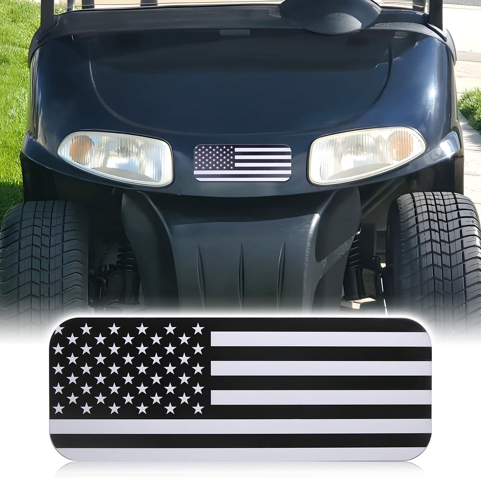 Alicatong American flag name plate front view on EZ-GO cart with matte black finish and clean lines.