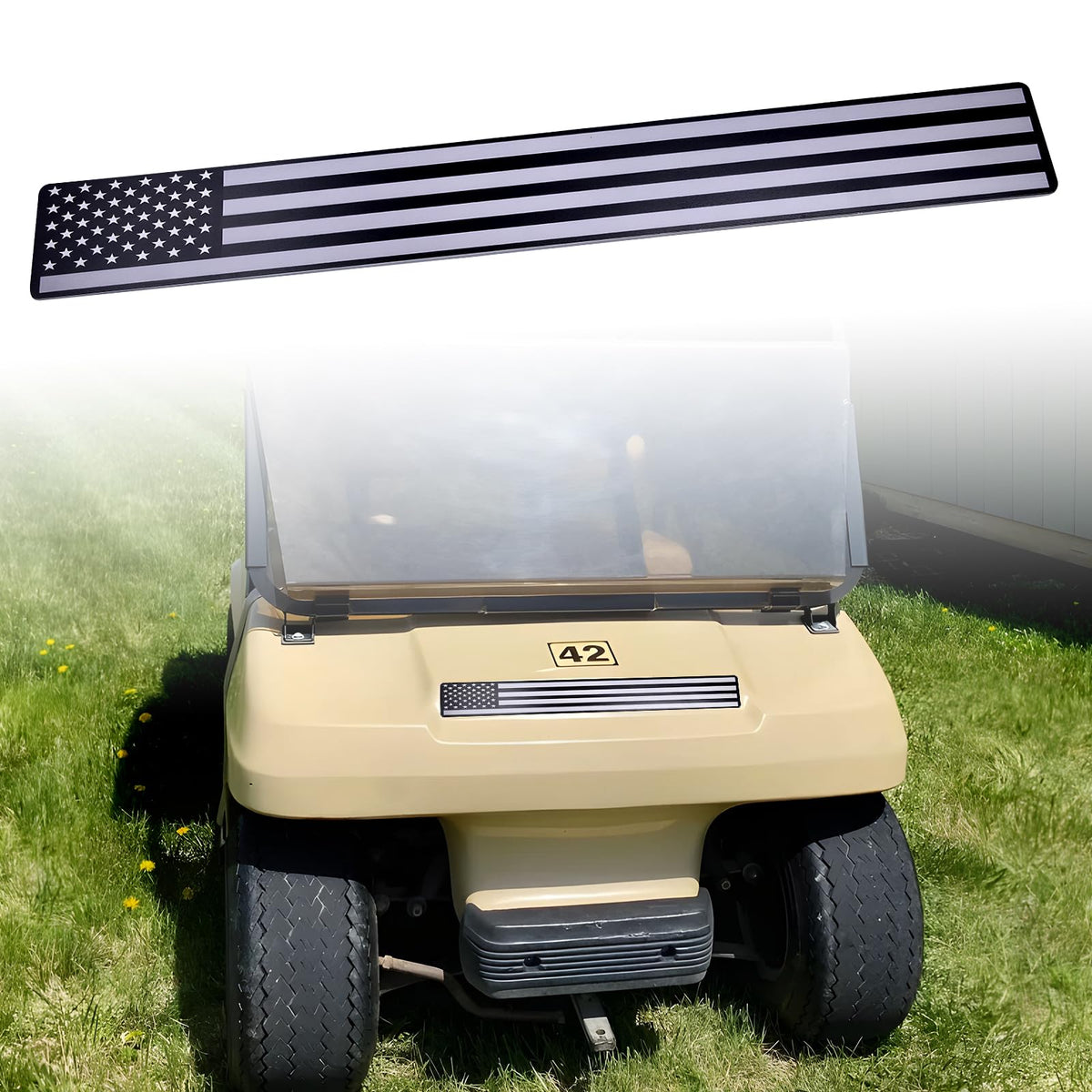 Alicatong black and grey American flag front name plate on a DS Club Car for bold personalization.