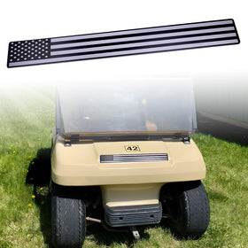 Alicatong black and grey American flag front name plate on a DS Club Car for bold personalization.