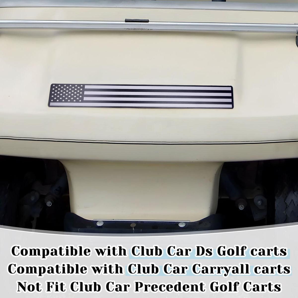 Alicatong Club Car DS front name plate close-up showing durable construction.