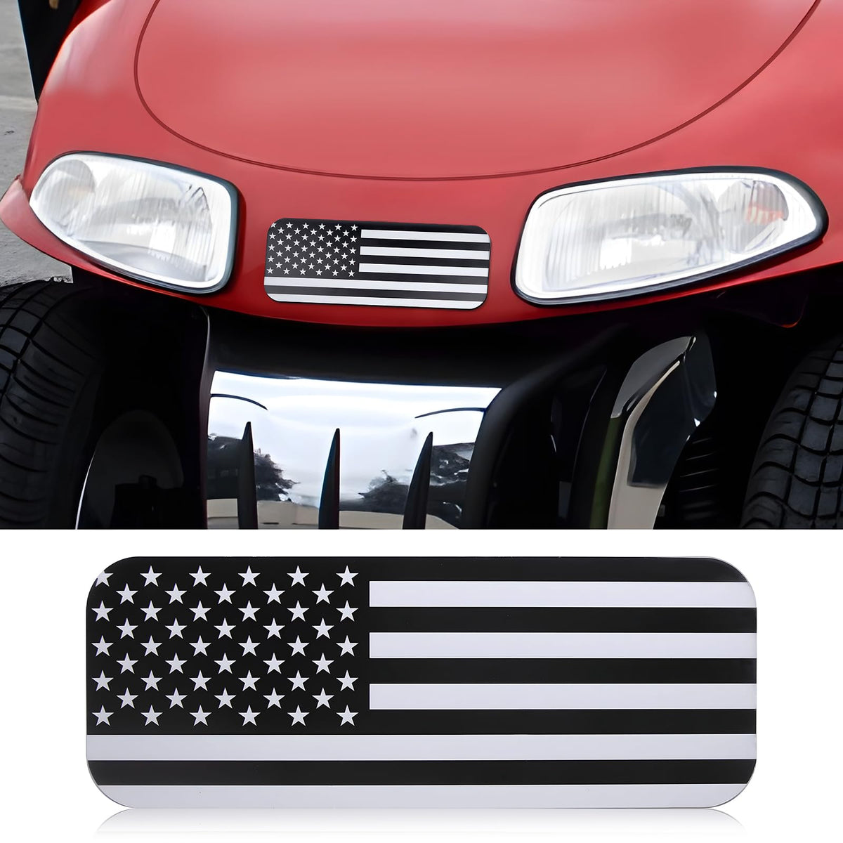 Alicatong EZ-GO front name plate compatibility highlight with flag design for multiple models.